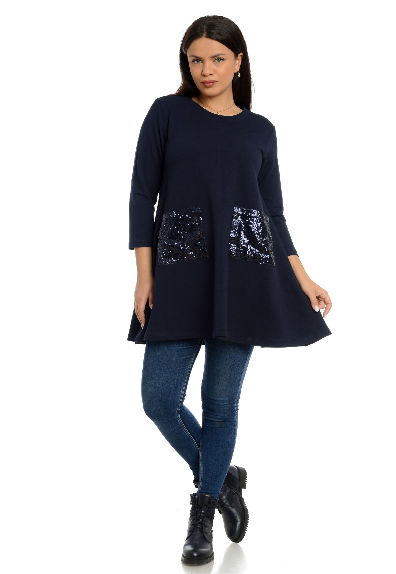 Reducere 34% la Tunica Dama, Albastra cu Buzunare cu Paiete
