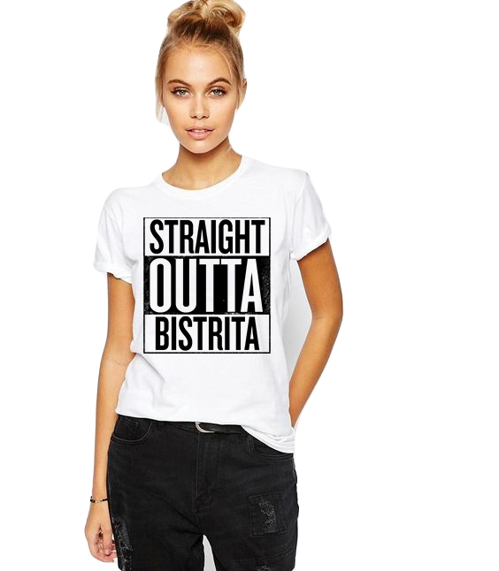 Reducere 33% la Tricou dama alb -  Straight Outta Bistrita