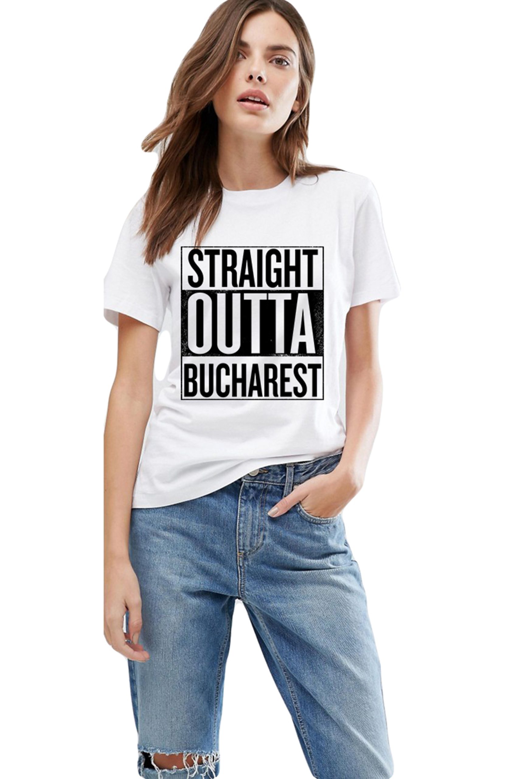 Reducere 33% la Tricou dama alb -  Straight Outta Bucuresti