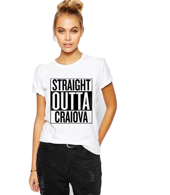 Reducere 33% la Tricou dama alb -  Straight Outta Craiova