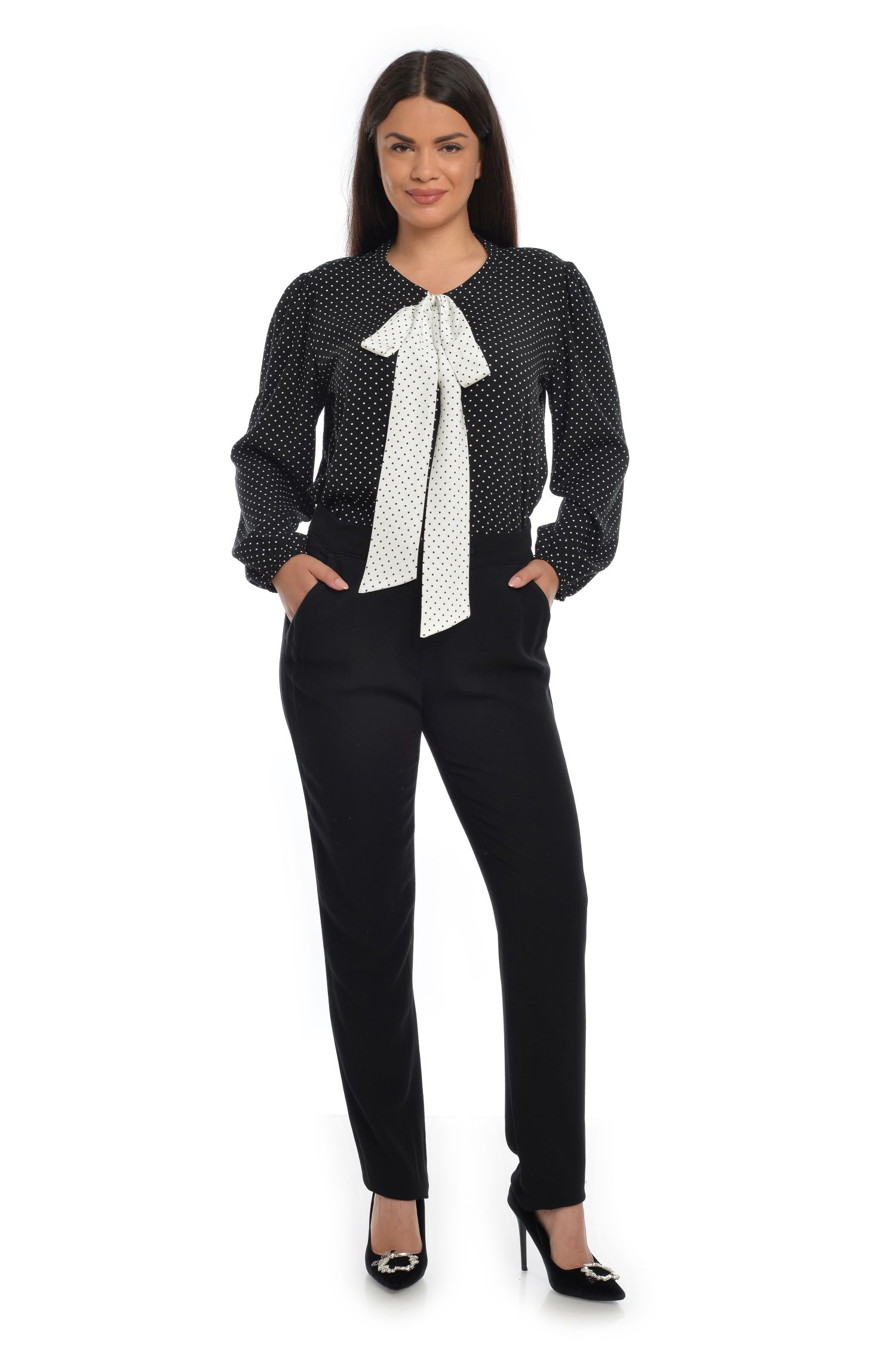 Reducere 22% la Bluza Dama cu Funda, Ampla, Neagra cu buline albe