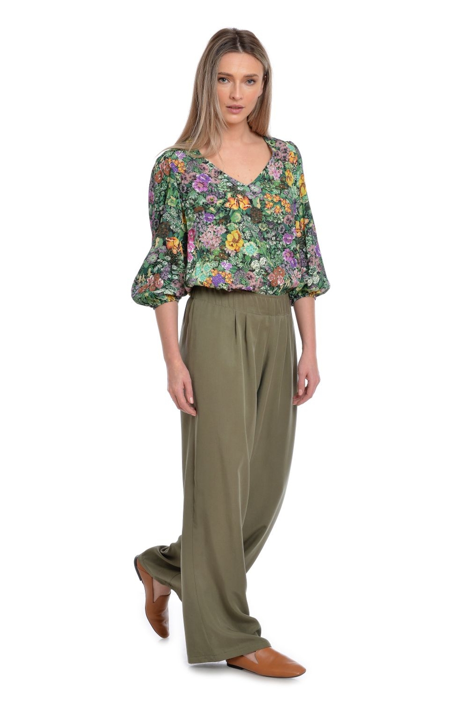 Reducere 28% la Pantaloni dama, Largi Palazzo, Kaki