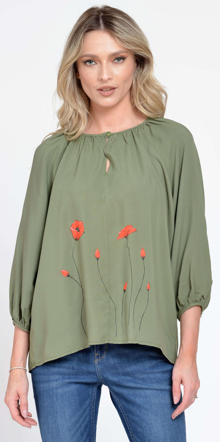 Reducere 30% la Bluza Dama cu Maneca 3 sferturi, Ampla, Kaki cu pictura realizata manual