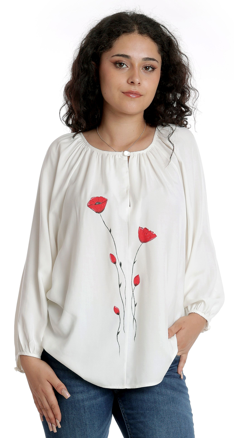 Reducere 30% la Bluza Dama cu Maneca Lunga, Ampla, Alba cu pictura realizata manual