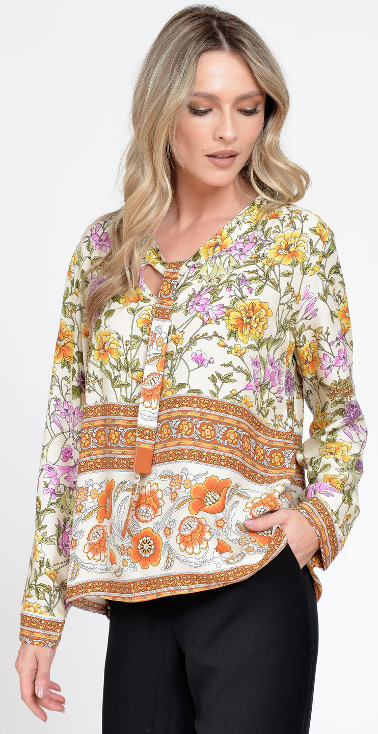 Reducere 36% la Bluza Dama cu Maneca lunga si Funda, Bej cu Imprimeu Combinat