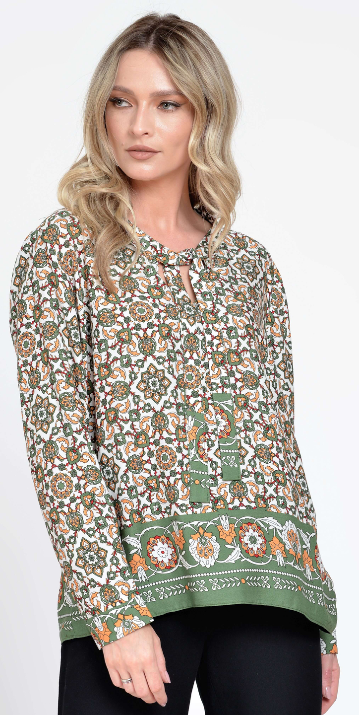 Reducere 36% la Bluza Dama cu Maneca lunga si Funda, Verde cu Imprimeu Combinat