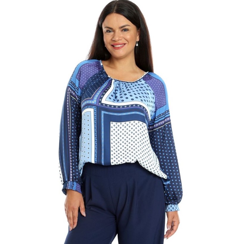 Reducere 28% la Bluza Dama din satin, Albastru cu imprimeu