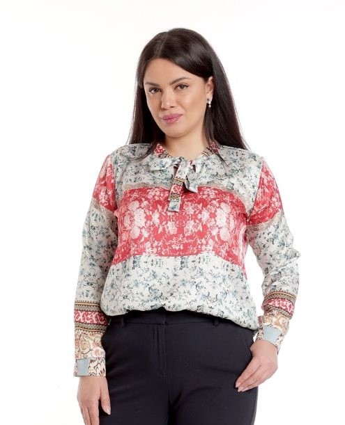 Reducere 28% la Bluza Dama din Satin cu Funda, Gri cu Rosu si imprimeu