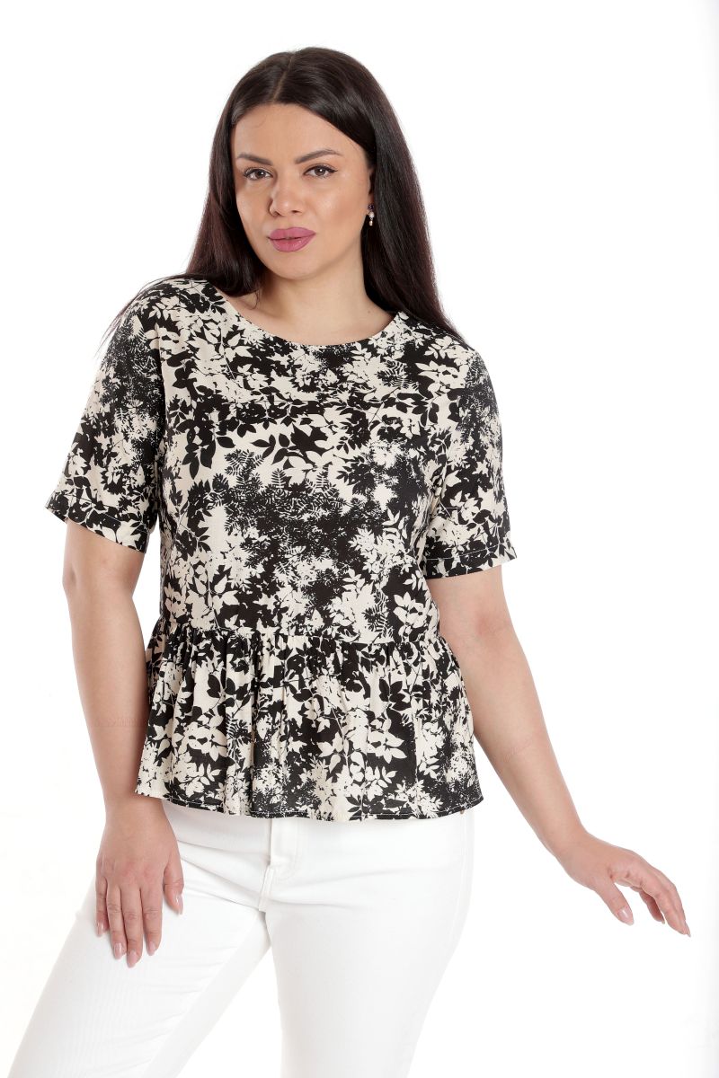 Reducere 33% la Bluza Dama, Peplum, din Viscoza, Crem cu Negru si model Floral