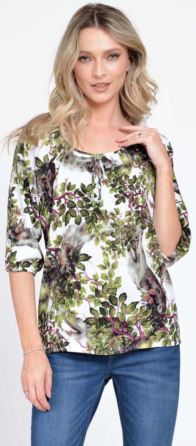 Reducere 25% la Bluza IE Dama cu Maneca 3 sferturi, model Floral, alb cu verde