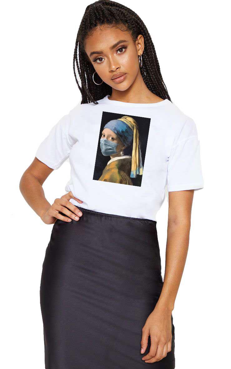 Reducere 33% la Tricou dama alb - Fata cu perla in Pandemie