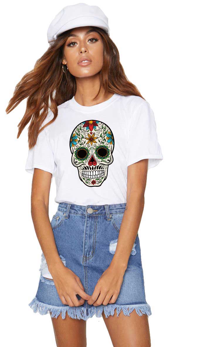 Reducere 33% la Tricou dama alb -  Sugar Skull Colorful