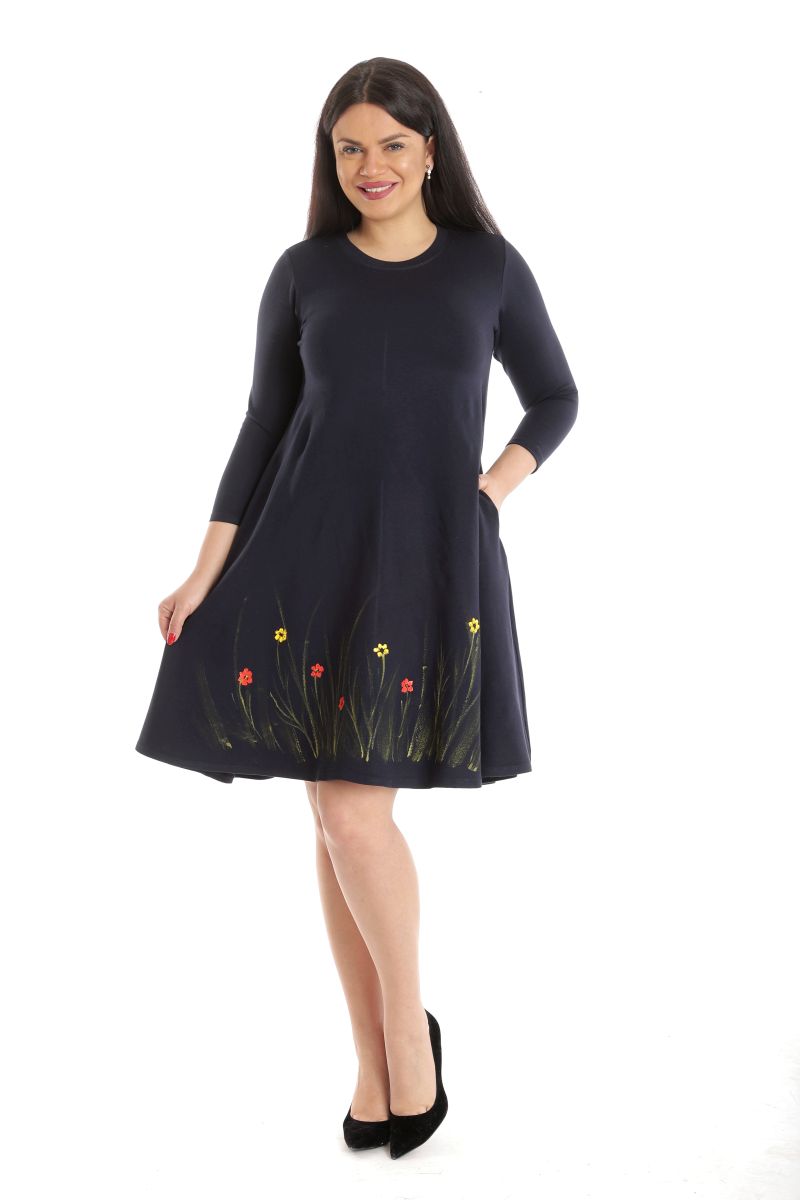 Reducere 20% la Rochie Dama cu Buzunare, Bleumarin cu pictura realizata manual