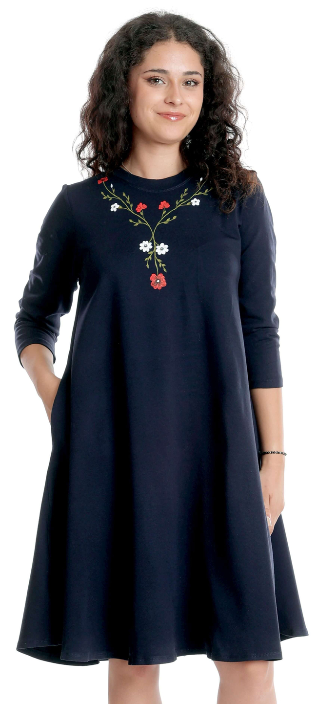 Reducere 21% la Rochie Dama Midi, Bleumarin cu maneci 3 sferturi si Pictura Manuala