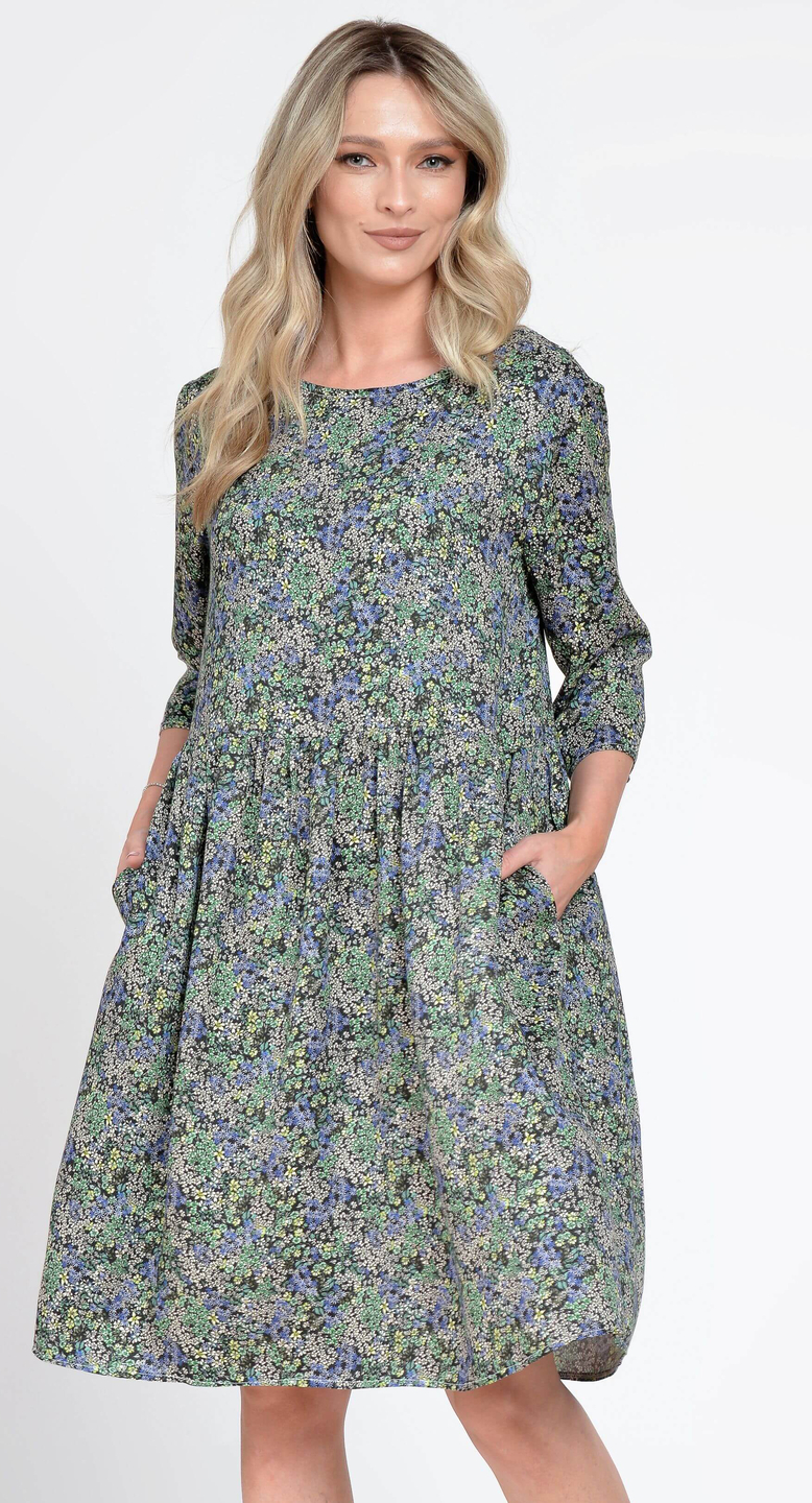 Reducere 21% la Rochie Dama Midi cu Buzunare, Verde cu Maneci 3 Sferturi si Microimprimeu Floral