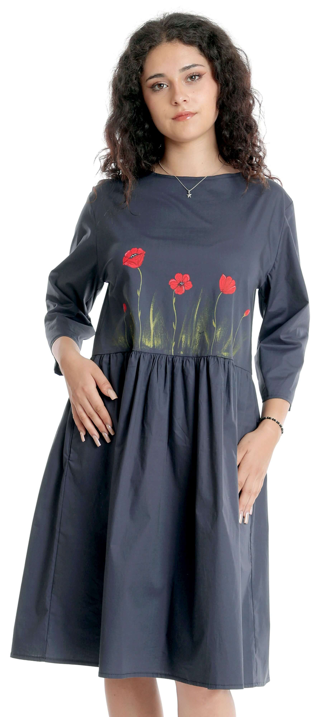 Reducere 21% la Rochie Dama Midi UNI, Pictata manual cu Maci, Gri antracit cu Maneci 3 Sferturi