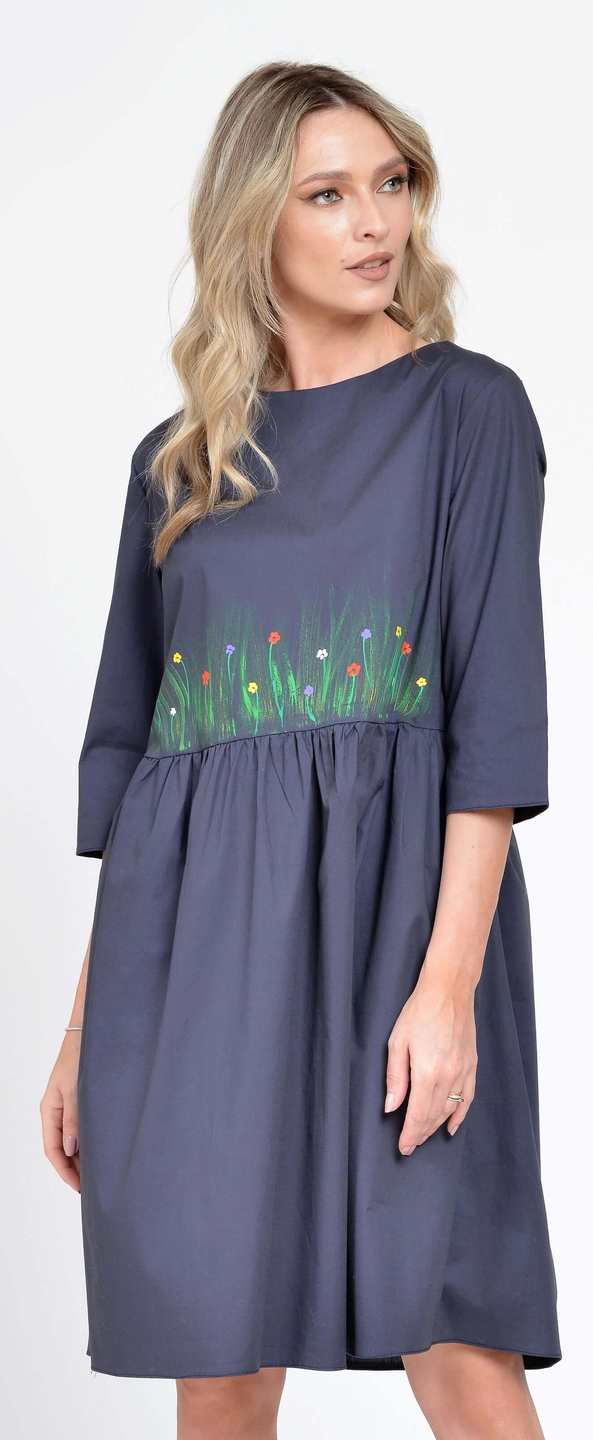 Reducere 21% la Rochie Dama Midi UNI, Pictata manual, Gri antracit cu Maneci 3 Sferturi