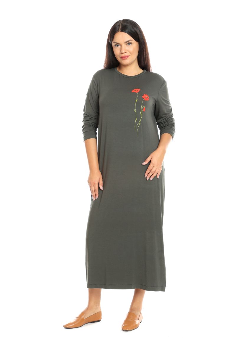 Reducere 36% la Rochie Lunga Dama, Verde Kaki cu pictura realizata manual